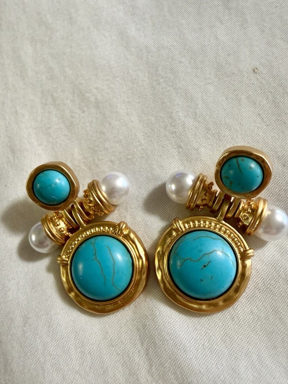Vintage Kovonchy Earrings Dangle Drop Turquoise & Pearl Gold Tone Signed